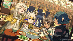  2boys 2girls :d ^_^ animal_ears arknights arm_up armor bare_shoulders beads bird blonde_hair blue_eyes bowl brown_eyes brown_hair brown_shirt chicken chicken_(food) chinese_clothes chopsticks closed_eyes closed_mouth colored_extremities copyright_name copyright_notice dragon_girl dragon_horns earrings eating favilia food grain_buds_(arknights) green_hair grey_eyes grey_hair hair_between_eyes hair_intakes high_collar highres holding holding_chopsticks horns indoors jacket jewelry lattice long_hair long_sleeves meatball multicolored_hair multiple_boys multiple_girls necklace off_shoulder official_art open_mouth profile purple_hair rice rice_bowl round_teeth second-party_source shirt short_hair short_sleeves shu_(arknights) smile squirrel_fish_(genshin_impact) table teeth tofu upper_teeth_only vambraces vegetable wan_qing_(arknights) white_jacket white_shirt yellow_shirt zuo_le_(arknights) 