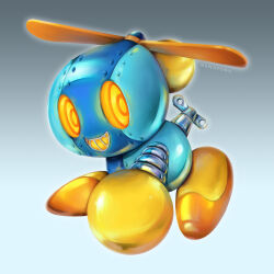  absurdres artist_name ben-day_dots colored_sclera full_body glowing glowing_eyes glowing_mouth gradient_background grey_background grin highres looking_at_viewer nenafena no_fingers no_humans no_toes omochao open_mouth propeller ringed_eyes robot screentones simple_background smile solo sonic_(series) winding_key yellow_eyes yellow_sclera 