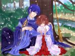  blue_hair brown_hair couple japanese_clothes kaito meiko outdoors petals short_hair sitting tagme tree vocaloid 