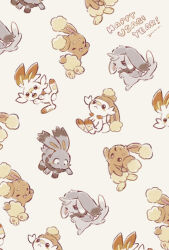  brown_fur buneary buneary_(cosplay) bunnelby bunnelby_(cosplay) cosplay english_text grey_fur highres minccino no_humans pokemon pokemon_(creature) scorbunny simple_background two-tone_fur white_background yurano_(upao) 
