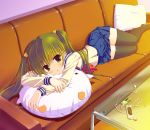  cable cable_divider couch digital_media_player green_hair headphones highres ipod lying on_side original pillow saitou_tsukasa school_uniform serafuku skirt solo thigh-highs thighhighs twintails zettai_ryouiki 