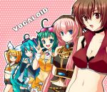  \m/ ahoge aqua_eyes aqua_hair blonde_hair blue_eyes blush breasts brown_eyes brown_hair cleavage goggles goggles_on_head green_hair gumi hair_ornament hair_ribbon hairclip hatsune_miku highres kagamine_rin long_hair megurine_luka meiko midriff mokorei multiple_girls navel pink_hair ribbon short_hair shorts smile tears thighhighs twintails vocaloid 