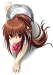  ass blush bow brown_hair feet little_busters!! long_hair natsume_rin ponytail red_eyes skirt solo uniform 