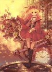  absurdres blonde_hair boots bow clock dress earrings flower gears hair_bow highres jewelry knee_boots long_hair mirusa red_eyes ribbon roman_numerals smile solo 