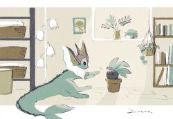  blue_skin bookshelf colored_skin indoors no_humans oddish plant pokemon pokemon_(creature) potted_plant signature tail vaporeon yurano_(upao) 