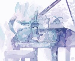  blue_fur glaceon instrument no_humans painting_(medium) piano pokemon pokemon_(creature) swablu tail traditional_media two-tone_fur watercolor_(medium) yurano_(upao) 