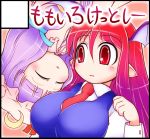  breasts circle_cut crescent hat head_wings koakuma large_breasts necktie patchouli_knowledge pointy_ears purple_hair red_eyes red_hair redhead sleeping sotto the_embodiment_of_scarlet_devil touhou wings 
