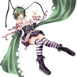  1girl alternate_costume antennae bare_shoulders boots breasts cape cleavage collarbone corset dress frills green_hair headband looking_at_viewer princess_wriggle red_eyes s-syogo short_hair simple_background smile solo striped striped_legwear thigh-highs touhou white_background wriggle_nightbug zettai_ryouiki 