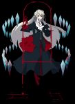  blood bow cross crystal dress dripping frills gloves hair_ornament high_heels highres long_hair original red_eyes shoes smile solo vane very_long_hair white_hair 