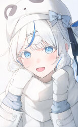  1girl animal_hat aokumo_rin blue_eyes blue_hair bow cloud_hair_ornament colored_eyelashes commentary english_commentary hair_ornament hairclip hat hat_bow highres long_sleeves looking_at_viewer mittens multicolored_hair open_mouth panda_hat qoray7 scarf side_ponytail smile stellive streaked_hair upper_body virtual_youtuber white_hair 