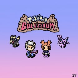  1boy 1girl black_footwear blue_coat blue_jacket boots chibi chibi_only closed_mouth coat commentary copyright_name english_commentary espeon eyewear_on_head facial_mark gradient_background grey_hair highres jacket james_turner logo orange_hair pokemon pokemon_(creature) pokemon_colosseum purple_footwear red_eyes rui_(pokemon) short_hair short_twintails signature simple_background skirt smile spiky_hair sunglasses twintails umbreon wes_(pokemon) white_skirt 