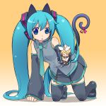  all_fours animal_ears bell blue_eyes blue_hair blush catgirl chibi detached_sleeves elbow_gloves hatsune_miku highres kagamine_rin long_hair necktie nekomimi sd skirt tail tail_bell thigh_highs thighhighs twintails uniform vocaloid 