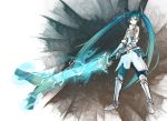  1girl aqua_eyes aqua_hair armor bad_id chanchan electricity gauntlets greaves hatsune_miku highres long_hair looking_at_viewer monster_hunter parody solo spring_onion sword themed_object twintails very_long_hair vocaloid weapon 