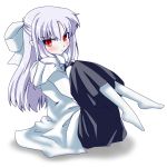  bad_id blush bow dress elf grune loli long_hair melty_blood pantyhose pointy_ears red_eyes ren simple_background skirt tsukihime type-moon type_moon white_hair white_len white_ren 