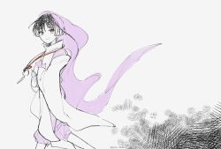  1boy black_hair blunt_ends closed_mouth crosshatching feathers food fruit genshin_impact gnsn_tera hatching_(texture) holding holding_food holding_fruit japanese_clothes kariginu lavender_melon_(genshin_impact) layered_sleeves long_sleeves looking_at_viewer male_focus mid-stride pink_sleeves pom_pom_(clothes) purple_veil scaramouche_(genshin_impact) scaramouche_(kabukimono)_(genshin_impact) see-through_clothes see-through_veil smile solo string three_quarter_view veil white_background white_sleeves wide_sleeves yellow_feathers 