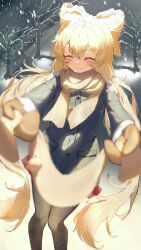  1girl absurdres black_pantyhose blonde_hair blush brown_gloves brown_scarf closed_eyes closed_mouth coat flat_chest gloves grey_coat grey_eyes haires highres holding holding_scarf holding_unworn_clothes indie_virtual_youtuber long_hair long_sleeves looking_at_viewer outdoors outstretched_arm pantyhose scarf smile snow_on_head snowing solo standing twintails virtual_youtuber 