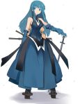  bangs blue_eyes blue_hair blunt_bangs bridal_gauntlets dress geta highres long_hair original payot solo sword vane weapon 