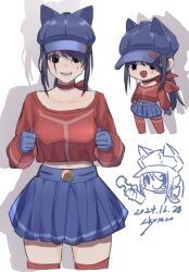  1girl :d :p artist_name black_eyes blue_gloves blue_hat blue_skirt c: cabbie_hat chibi choker clenched_hands cool_mita_(miside) cropped_shirt dated doodle_inset gloves hashtag-only_commentary hat highres hitachi_magic_wand long_hair looking_at_viewer miside multiple_views ponytail red_choker red_shirt red_thighhighs sex_toy shirt sidelocks signature simple_background skirt smile standing teardrop_facial_mark thigh-highs tongue tongue_out vibrator white_background zhymao 