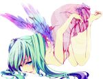  angel_wings aqua_hair barefoot blue_eyes dress feet hands hatsune_miku legs lips long_hair macco short_dress simple_background skirt solo tears top-down_bottom-up twintails vocaloid white wings 