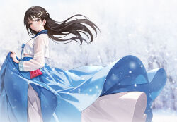  1girl alternate_costume blue_skirt blush breasts brown_eyes brown_hair chima_(clothes) clothes_lift commentary_request diesel_(nikke) dramz earrings floating_hair goddess_of_victory:_nikke hair_between_eyes hair_ornament hairclip hanbok highres jeogori_(clothes) jewelry korean_clothes lifting_own_clothes long_hair looking_at_viewer sidelocks skirt skirt_lift small_breasts smile snow snowing solo standing white_hanbok 