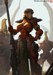  1girl 2boys armor black_hair crest eldar explosive facial_tattoo gloves grenade gun hand_on_own_hip helmet highres holding holding_weapon jewelry loincloth multiple_boys narrow_waist orange_eyes pauldrons pointy_ears sgt_lonely short_hair shoulder_armor tattoo warhammer_40k weapon 