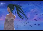  1girl aqua_hair blue_eyes dress hatsune_miku letterboxed long_hair mitsunari night ocean profile sky solo star twintails vocaloid wind 