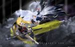  bardiche blonde_hair cape energy_sword fate_testarossa highres long_hair mahou_shoujo_lyrical_nanoha mahou_shoujo_lyrical_nanoha_a&#039;s mahou_shoujo_lyrical_nanoha_a's moon red_eyes reinforce_zwei ribbon silver_hair solwyvern sword twintails very_long_hair wallpaper weapon widescreen wings yami_no_sho 