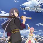  1girl black_eyes black_hair disc_cover estellise_sidos_heurassein green_eyes highres long_hair official_art over_shoulder pink_hair sheath sheathed short_hair sky smile sword tales_of_(series) tales_of_vesperia title_drop weapon weapon_over_shoulder yuri_lowell 