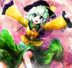  \o/ arms_up blush blush_stickers eyeball faux_traditional_media green_eyes green_hair hat heart heart_of_string highres ikmg komeiji_koishi leg_up looking_at_viewer open_mouth outstretched_arms short_hair smile solo spread_arms third_eye touhou 