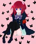  bad_id belt blue_eyes blush bowtie butterfly hair_bobbles hair_ornament highres kurosawa kurosawa_(saccharin) melt_(artist) red_hair seifuku skirt solo thigh-highs thighhighs umineko_no_naku_koro_ni ushiromiya_ange 