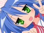  blue_hair green_eyes izumi_konata lucky_star open_mouth seifuku v 