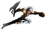  1boy black_hair elsword jewelry male multicolored_hair necklace pants pinyshi punching raven_(elsword) reverse_grip serious shoes sleeveless sleeveless_shirt solo spiky_hair sword two-tone_hair weapon white_background white_hair yellow_eyes 