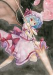  bat_wings blue_hair dress hat highres moon pink_dress pose red_eyes red_moon remilia_scarlet short_hair short_sleeves slit_pupils solo spear_the_gungnir standing_on_one_leg sxbzero touhou traditional_media weapon wings 