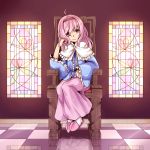  1girl ahoge blouse capelet chair hairband hiyashi_mikan komeiji_satori long_hair long_skirt looking_at_viewer sitting skirt slippers smile socks solo stained_glass touhou 