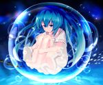  barefoot blue_eyes blue_hair bubble fetal_position floating hatsune_miku highres leg_hug long_hair naka smile solo space twintails very_long_hair vocaloid 