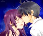  1girl araragi_koyomi bakemonogatari black_hair closed_eyes couple forehead_kiss kiss long_hair monogatari_(series) purple_hair senjougahara_hitagi short_hair tears towako 