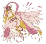  1girl angewomon anklet armor bare_shoulders belt blonde_hair boots breastplate breasts cleavage detached_sleeves digimon digimon_adventure feathers female gloves helmet high_heels jewelry long_hair magnitude27 midriff navel open_mouth outstretched_arms ribbon shoes solo spread_arms wings 