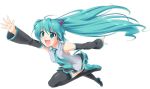  ahoge aqua_eyes aqua_hair detached_sleeves hatsune_miku long_hair manji_taba necktie outstretched_arm reaching simple_background skirt smile solo thigh-highs thighhighs twintails very_long_hair vocaloid 