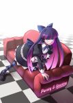  cat couch dress fuugetsu_makoto green_eyes hair_bow highres honekoneko_(psg) long_hair multicolored_hair panty_&amp;_stocking_with_garterbelt solo stocking_(character) stocking_(psg) striped striped_legwear striped_thighhighs stuffed_animal stuffed_toy thigh-highs thighhighs two-tone_hair 