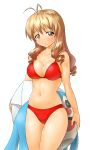  arms_behind_back ball bikini blush breasts brown_eyes brown_hair cleavage drill_hair face ikamusume long_hair navel onsoku_maru original red_bikini shinryaku!_ikamusume solo swimsuit tokita_ayumi 