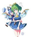  adult blue_eyes blue_hair blush breast_lift breasts cirno daiyousei dress echizen fairy frozen green_eyes green_hair hair_ribbon ice kedama large_breasts minigirl multiple_girls ponytail ribbon touhou wings 