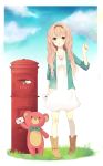  boots casual highres jewelry letter long_hair megurine_luka necklace pink_hair postbox sleeves_rolled_up stuffed_animal stuffed_toy teddy_bear uetsuki_aisa vocaloid 