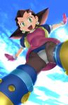  brown_hair cloud clouds crotch_plate earrings gloves green_eyes jewelry open_mouth outstretched_arms pantyhose parody rockman rockman_dash sky smile solo strike_witches striker_unit sun tron_bonne ueyama_michirou upskirt 