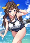  1girl blue_eyes brown_hair crop_top double_bun hairband kantai_collection kongou_(kantai_collection) long_hair ro-500_(kantai_collection) sailor_collar sakiyamama school_swimsuit swimsuit swimsuit_under_clothes torpedo wet 