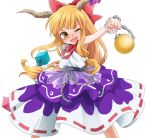  belt blonde_hair bow chain fang hair_bow horns ibuki_suika long_hair matyinging orange_eyes redhead sleeveless solo touhou wink wrist_cuffs yellow_eyes 