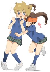  blue_eyes blush brown_hair endou_mamoru genderswap headband heart inazuma_eleven inuzumi multiple_girls school_uniform short_hair socks tachimukai_yuuki twintails 