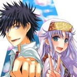  1girl back-to-back black_hair blue_hair clenched_hand couple fist hat index kamijou_touma lowres naridon nun smile spiked_hair spiky_hair to_aru_majutsu_no_index v 