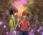  alternate_costume brown_hair casual child code_geass duo flower forest green_eyes hand_on_hip holding_hands kururugi_suzaku lelouch_lamperouge male multiple_boys nature necktie purple_eyes short_hair smile star sunset suspenders violet_eyes young 