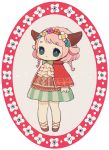  1girl animal_ears ayu_(mog) blue_eyes blush braid capelet chibi cravat flower hair_flower hair_ornament hairband horns original pigeon-toed pink_hair solo standing twin_braids 