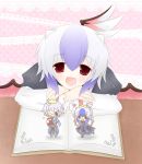  book chibi crown glasses heart ko_torii morichika_rinnosuke multicolored_hair open_mouth red_eyes tokiko_(touhou) touhou white_hair wings 